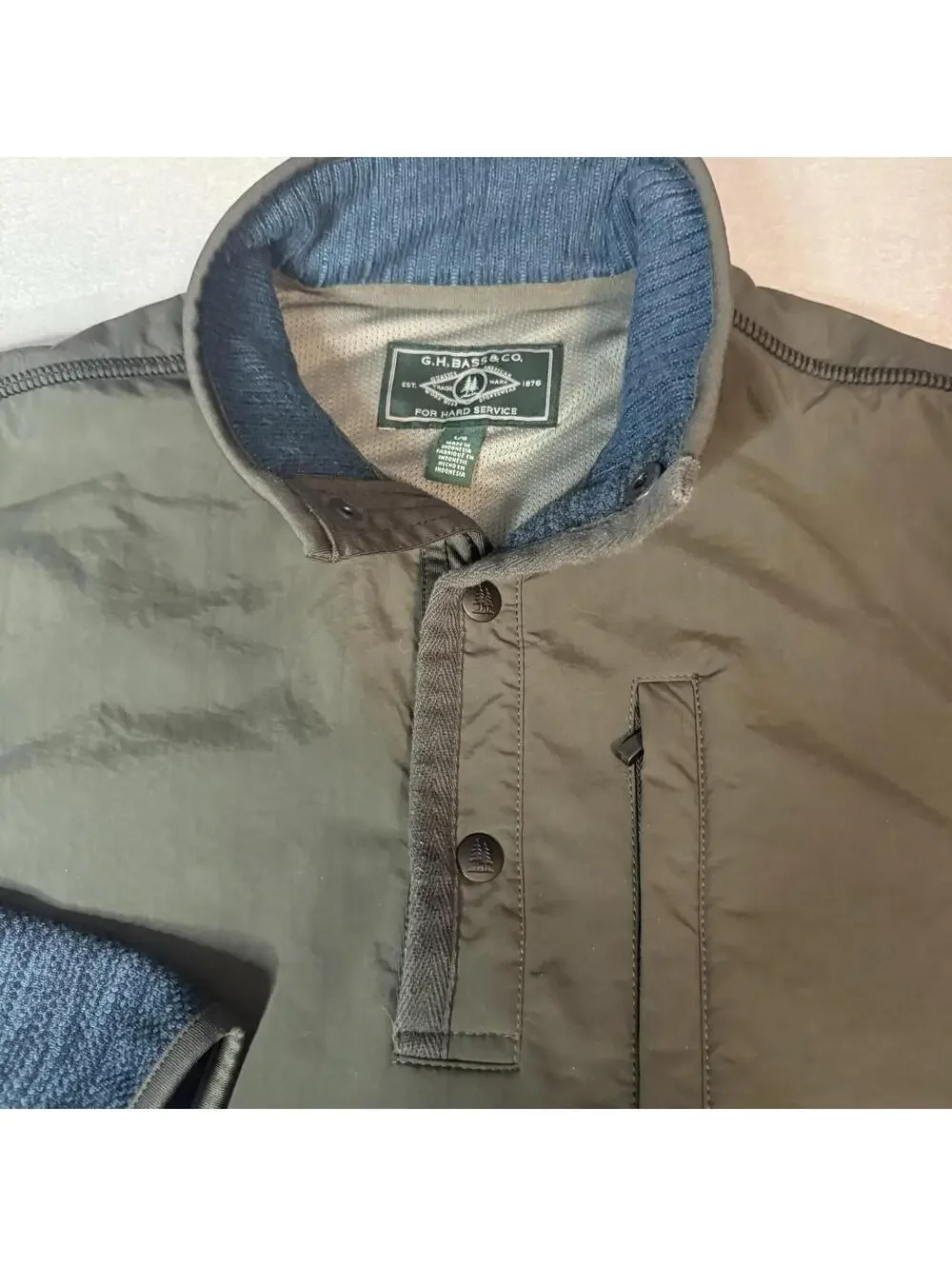 GH‎ BASS & CO Pullover Quarter Button Jacket Mens Size Large Blue Green Outdoors